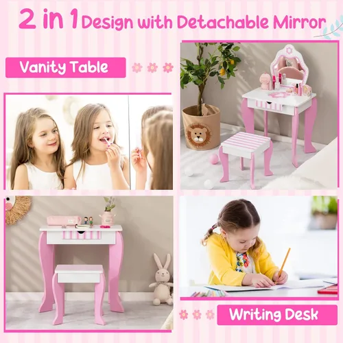 Vista 21 de KOTEK Tocador para niños con espejo y taburete, juego de tocador de madera de princesa 2 en 1 con parte superior desmontable y cajón