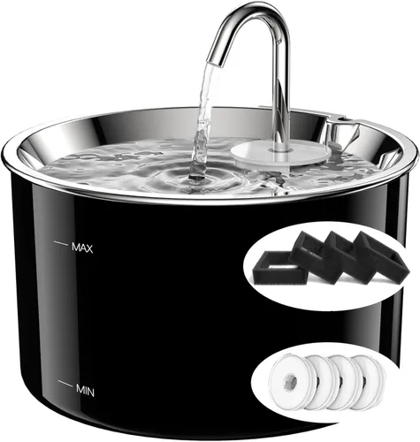 Fuente de agua para gatos de acero inoxidable, fuente de agua para mascotas de 3 L/101 onzas con sistema de filtración circulante de 5 etapas,