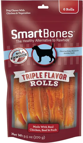SmartBones Rollos de triple sabor, 6 unidades, masticables sin cuero crudo para perros