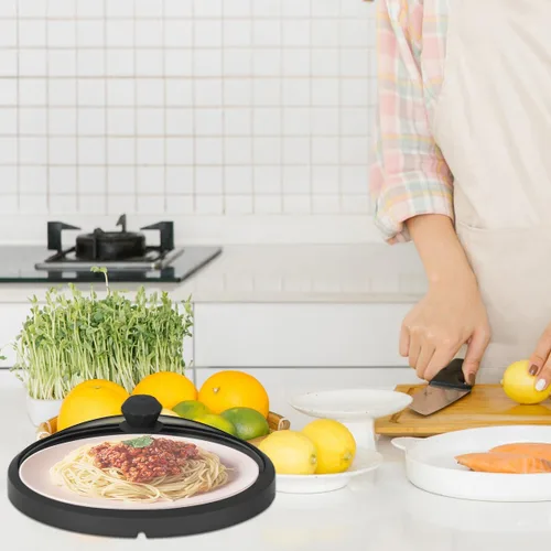Vista 7 de Tapa de microondas de vidrio con protección contra salpicaduras con mangos de silicona anti-quemaduras y borde ventilado para cubrir ollas y platos