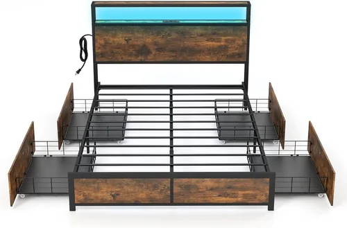 Vista 9 de GIANTEX - Base de cama matrimonial con cabecero de luces LED y 4 cajones de almacenamiento, plataforma de metal con tomas de corriente y puertos