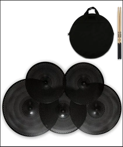 Paquete de platillos de bajo volumen, juego de platillos silenciosos de 14, 16, 18, 20 pulgadas (5 piezas, negro) | Bolsa de platillos incluida