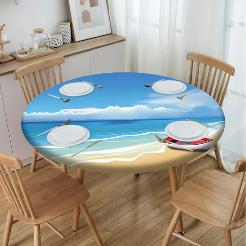 Vista 39 de Cubierta redonda con diseño de playa, borde elástico, picnic al aire libre, patio, fiesta o comedor interior, decoración de mesas de comedor, azul