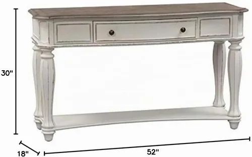 Vista 3 de Pemberly Row - Mesa de sofá de madera tradicional, 52 pulgadas de ancho, marco de madera de caucho, acabado blanco antiguo con parte superior marrón