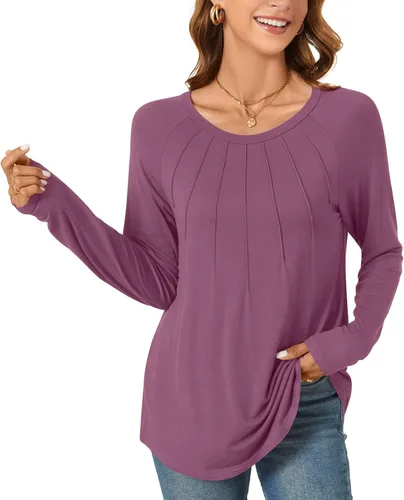 Vista 2 de Anyhold Blusa tipo túnica de manga larga para mujer, para usar con leggings, estilo casual, holgada, elegante, camisas plisadas a la moda