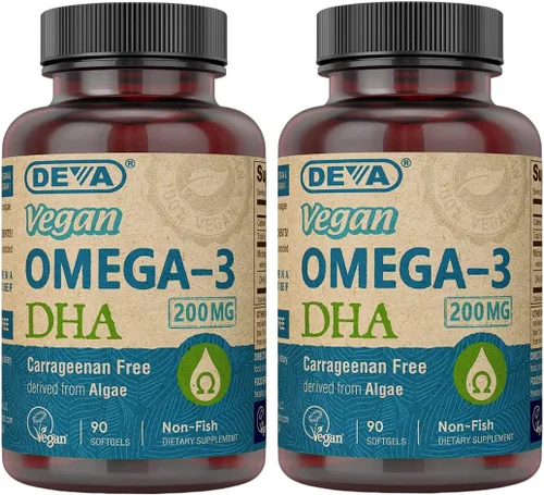 DEVA Suplemento vegano Omega-3 DHA, cápsulas blandas de 200 mg una vez al día, sin carragenina, sin gelatina, sin pescado, aceite de algas, ácidos