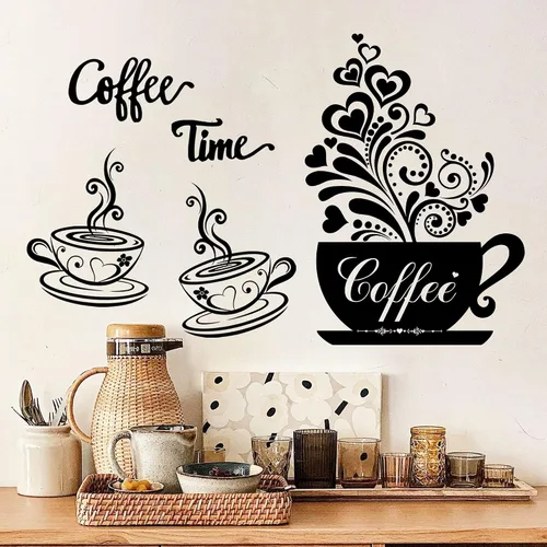 Calcomanías de vinilo para pared, calcomanías de decoración de cocina, letreros negros de café y té, arte de pared de flores, refranes de café