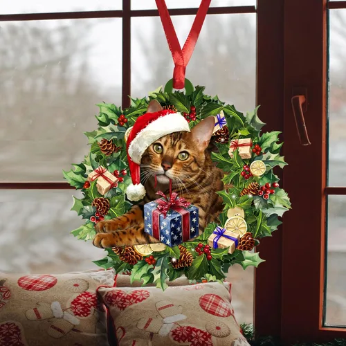 Vista 4 de Talataca Gato de Bengala Usando Sombrero de Navidad con Corona Accesorio 2D Plano para Espejo Retrovisor de Coche Adorno de Árbol de Navidad