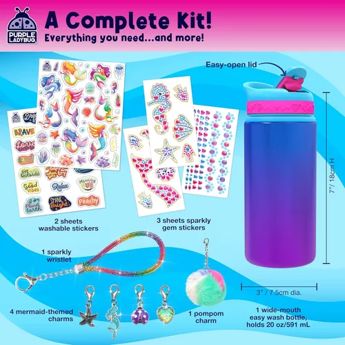 Vista 3 de PURPLE LADYBUG Decora tu propia botella de agua para niñas, regalos de sirena para niñas de 6 a 8 años, regalos para niñas de 5, 6, 7, 8, 9, 10