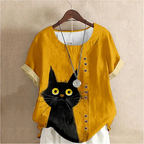 Vista 2 de domirica Flower Bird Printed Loose Boho Shirts Women Plus Size Summer Crew Neck Short Sleeve Blouses Sonrisa