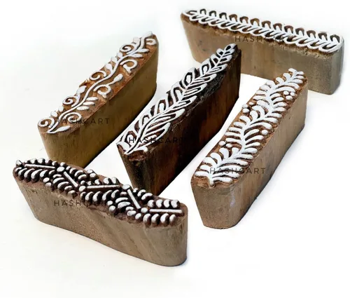 HASHCART® Sellos de madera de tela, bloques de impresión de patrón de borde creativo, juego de 5, sellos de tinta, bloques de madera para