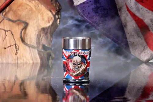 Vista 2 de Nemesis Now B4126M8 Iron Maiden Shot Glass 2.8 in Azul, Resina con Inserto de Acero Inoxidable