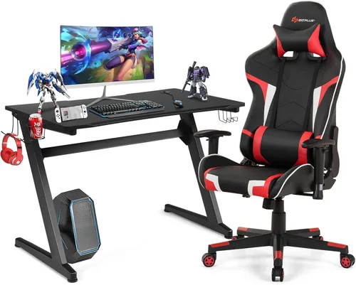 Goplus Juego combinado de escritorio y silla para juegos, silla y escritorio de oficina en casa estilo carreras con soporte para tazas, gancho para
