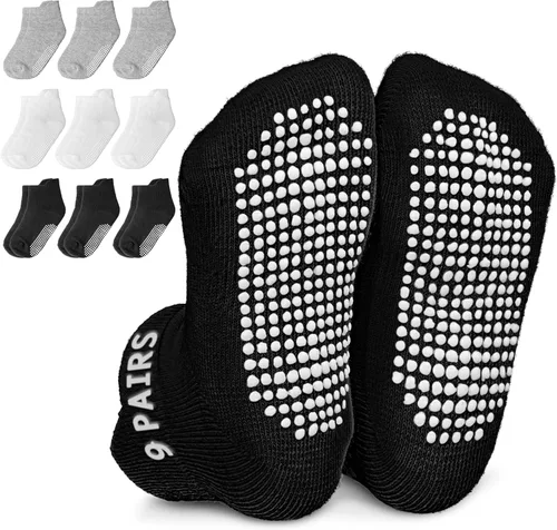 Infinno Baby Non Slip Ankle Socks 9 Pairs - Toddler Socks with Grips for Kids, Infants Boys and Girls 6-24 Months, 1T-7T