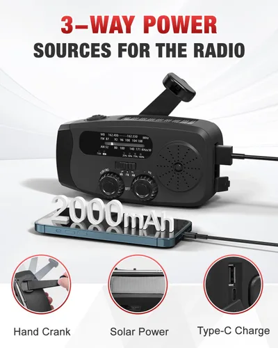 Vista 6 de Radio de emergencia manual con manivela Emgykit - Radio solar manual de 2000mAh/7400mWh AM/FM/NOAA con 3 linternas LED, función SOS para Negro