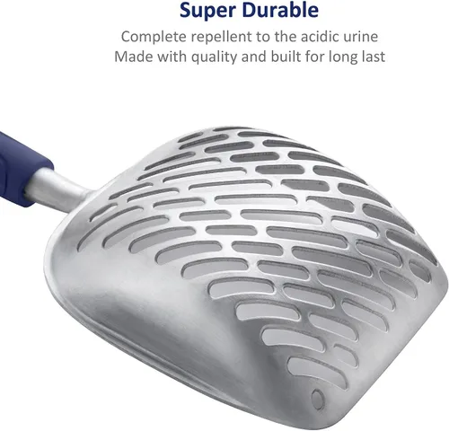 Vista 4 de WePet Cuchara de arena para gatos, tamiz de aleación de aluminio, pala de metal para gatitos, pala profunda con orificio diagonal, mango largo
