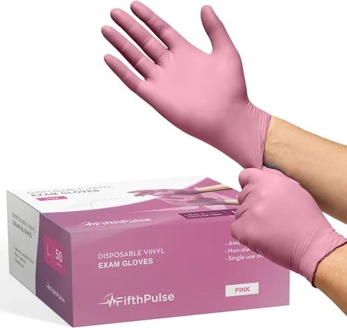 Vista 9 de FifthPulse - Guantes desechables de vinilo color rosa, sin polvo y sin látex, guantes para examen médico