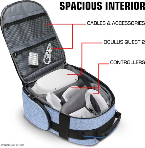 Vista 3 de USA GEAR Funda para auriculares VR, mochila de realidad virtual con compartimentos interiores personalizables compatibles con Oculus Quest 2 VR