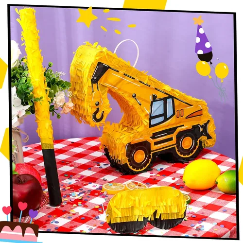 Vista 2 de Colarr Piñata para camión de construcción, piñata excavadora con palo, confeti, piñata de construcción, piñata grande de cumpleaños para niños