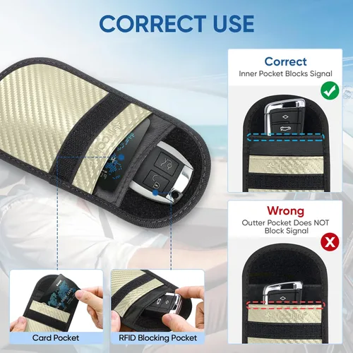 Vista 4 de TICONN Paquete de 2 Bolsas Faraday para Llavero, Protector de Jaula Faraday de 3.25"X4.75", Bloqueo de Señal RFID para Automóvil, Bolsa Antirrobo