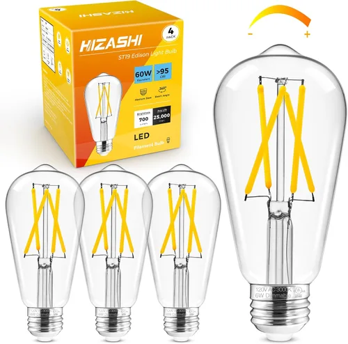 Vista 27 de Hizashi Edison Bombilla LED de 60 W, 2700 K regulables con base E26, bombillas ST19 vintage blanco cálido suave, 95+CRI, certificación UL, 700