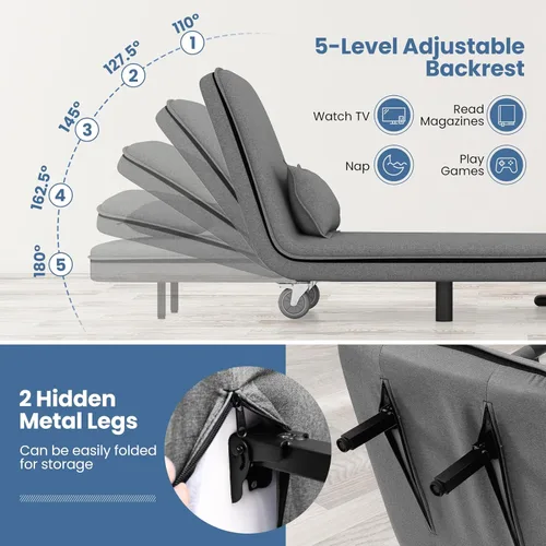 Vista 16 de KOMFOTT Silla convertible, silla de dormir con respaldo ajustable de 5 posiciones y almohada lumbar, 2 patas de metal ocultas y 2 ruedas