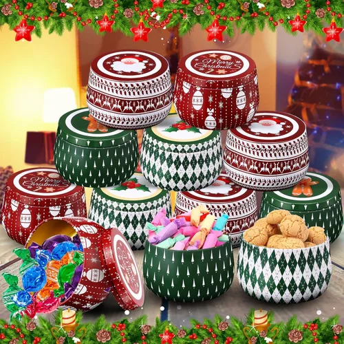Vista 3 de Uiifan 48 latas de velas de Navidad, latas de galletas, velas de metal, tarros de lata de regalo con tapas, latas retro de 8 onzas, recipientes