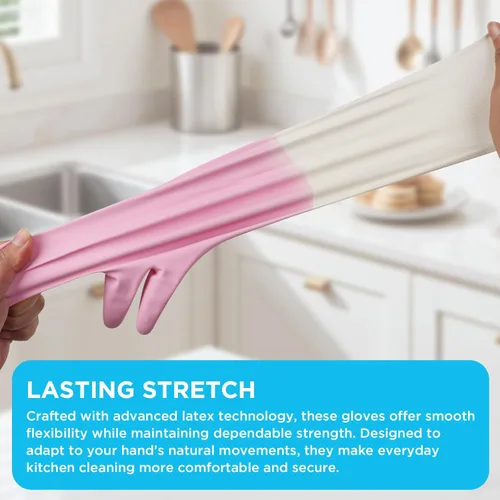 Vista 6 de Household Rubber Gloves Non-Slip Dishwashing Cleaning for Kitchen & Bathroom Reusable (2 Pairs Pink+Blue)