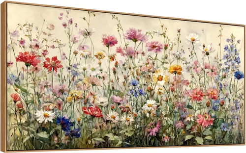 JLXART Framed Canvas Wall Art - Watercolor Wildflower Floral Painting Print, Colorful Flower Field Wall Decor for Living Room Bedroom Bathroom Home