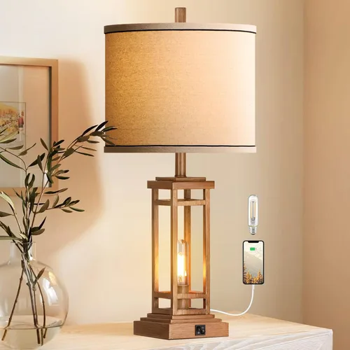 Vista 9 de ROTTOGOON Lámpara de mesa de granja de 27.5 pulgadas de altura con puertos de carga USB C + USB A, lámpara rústica para sala de estar, lámpara