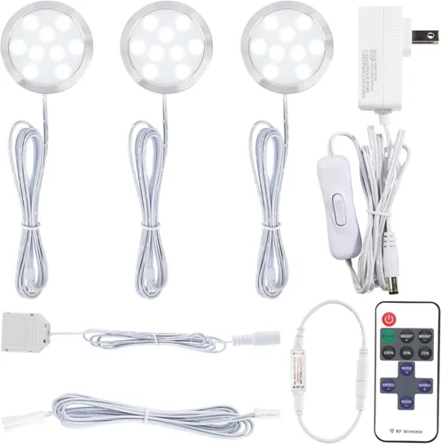 Vista 8 de Kit de iluminación LED para debajo o sobre mostrador, 120 voltios eléctrico con cable para armario de cocina, luces redondas, control remoto