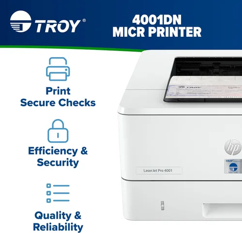 Vista 2 de Troy Impresora MICR 4001DN, impresión de cheques, capacidad de 250 hojas, 1 bandeja, 3 bandejas máximas, hasta 42 ppm