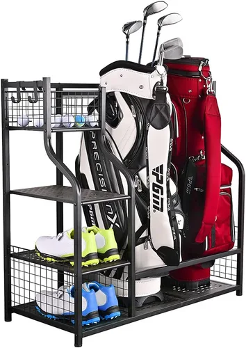 SNAIL Golf Bag Garage Storage Organizer Extra Large Size Golf Bag Rack Stand Holder Fits 2 Golf Bags and Other Golfing Equipment Accessories, Metal
