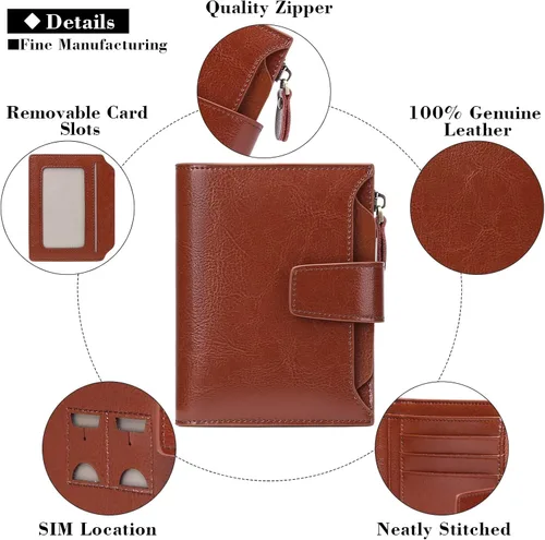 Vista 5 de FALAN MULE - Cartera de cuero auténtico para mujer pequeña plegable compacta con interferencia de radiofrecuencia RFID