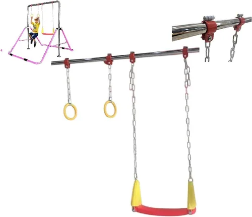 Vista 8 de Juego de columpios de gimnasia 3 en 1 para niños, barra de kip bar, anillos de trapecio, torre de escalada horizontal ajustable, color rosa
