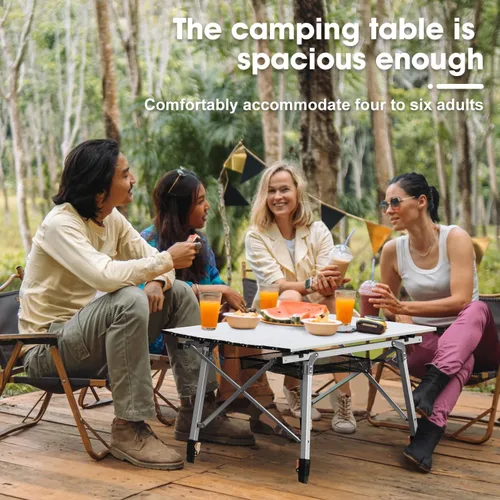 Vista 6 de ERYTLLY Mesa de camping plegable, mesa de picnic portátil al aire libre con patas ajustables, mesa de playa de aluminio ligera con mesa enrollable