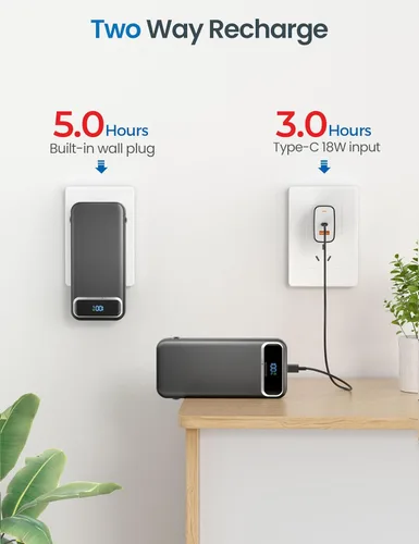 Vista 7 de Cargador portátil ligero de 12000 mAh con cables integrados y enchufe de pared de CA, batería de carga rápida PD20W USB-C, pantalla LED, cargador