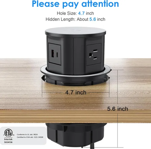 Vista 2 de ANNQUAN Toma de corriente desplegable de 4.7 pulgadas para encimera con cargador inalámbrico de 15 W, 4 tomas, 1 USB-C, 1 USB-A, toma de corriente