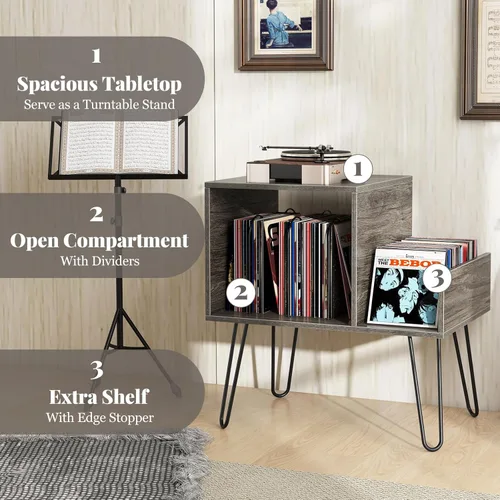 Vista 3 de Giantex Soporte para tocadiscos con estación de carga, soporte giratorio con divisor de vinilo y estante de exhibición, mesa auxiliar moderna