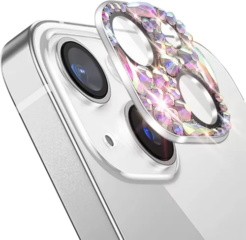Vista 2 de Cavdycidy Protector de lente de cámara con diamantes brillantes para iPhone 13 y iPhone 13 mini, cubierta de cámara con gemas de metal con purpurina