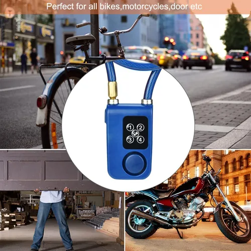 Vista 7 de Candado de cadena para bicicleta con alarma, Y787 Smart Alarm Lock antirrobo de cadena de motocicleta para scooter/cochecito/puerta azul