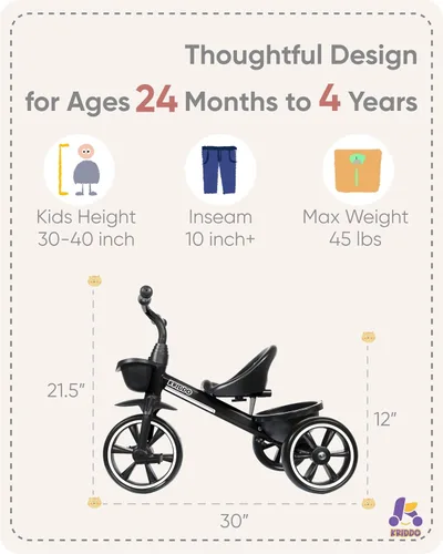 Vista 3 de KRIDDO Triciclo para niños de 2 a 5 años - Regalo para niños pequeños - Negro
