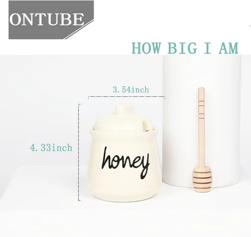 Vista 2 de ONTUBE Tarro de Miel con Cucharón y Tapa, Olla de Miel de Cerámica 12oz, Beige