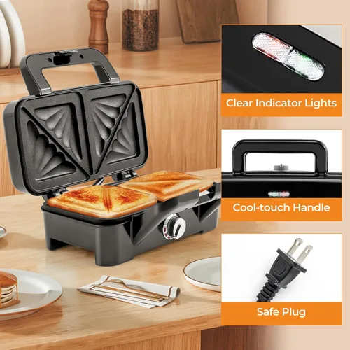 Vista 6 de Sandwichera 3 en 1, waflera de 1082 W con platos extraíbles, prensa para sándwich con control de temperatura de 5 engranajes, luces indicadoras