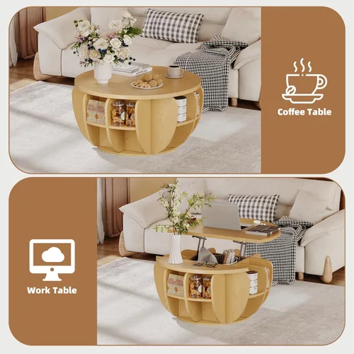 Vista 3 de Mesa auxiliar de 32.7 pulgadas con almacenamiento, mesa central redonda de madera natural con compartimento de almacenamiento oculto y estantes