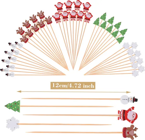 Vista 2 de JtmyAota - 100 unidades de palillos de dientes de Navidad para aperitivos, palillos de bambú natural de 4.7 pulgadas para cóctel, pastel, postre
