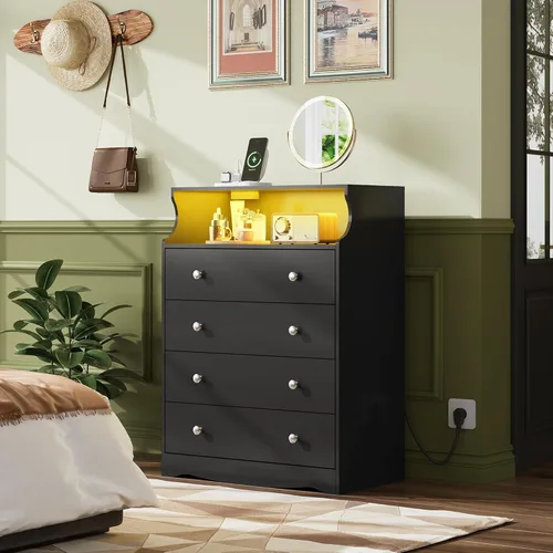 Vista 2 de WLIVE Cómoda LED negra para dormitorio, cómoda alta de madera con 4 cajones y estante abierto, cómoda con toma de corriente para sala de estar