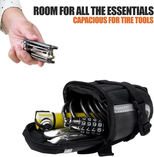 Vista 4 de BV Bolsa de bicicleta con correa con material reflectante, bolsa de sillín de gran capacidad con divisor separado para objetos pequeños y espacio