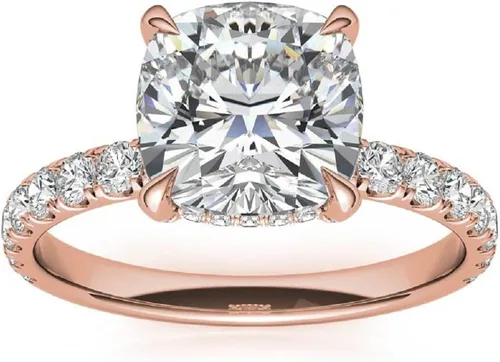 Vista 3 de Anillo de compromiso hecho a mano de oro rosa macizo de 10 quilates, 3 quilates de corte cojín de moissanita de diamante solitario de boda