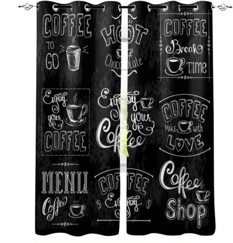 Cortinas opacas con texto café Doodle negro, cortinas retro creativas con impresión 3D, 2 paneles, cortinas con ojales superiores para oscurecer con